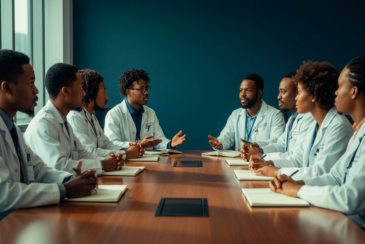 Scientists in conversation around a conference table.
