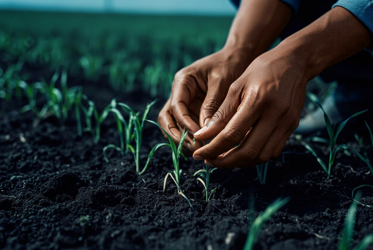 Agronomist examining young cereal seedlings in dark soil.