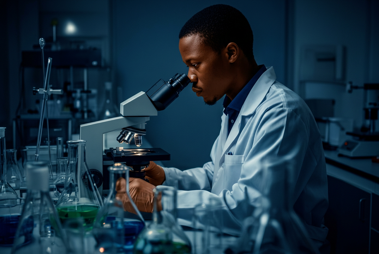 Scientist at a microscope in a biotechnology laboratory.