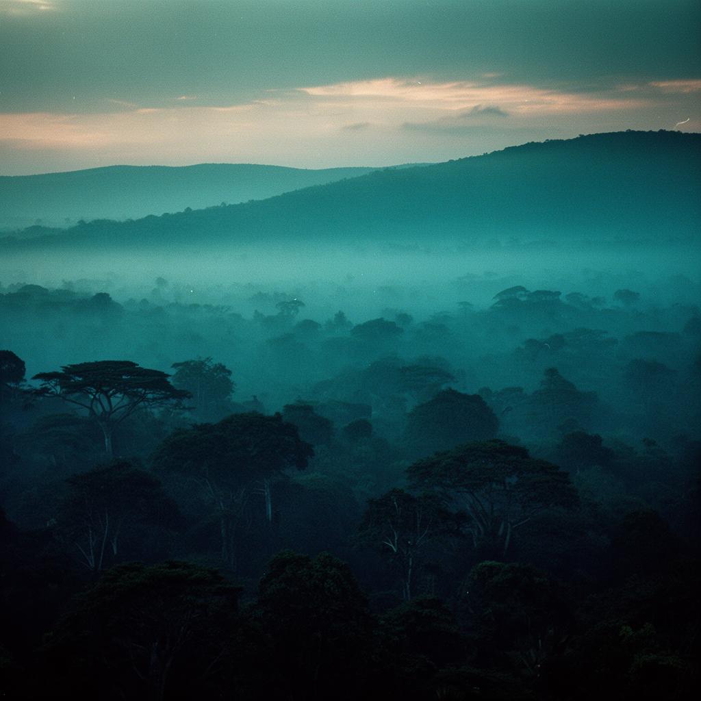 Misty African forest canopy at dawn with layered ridges.