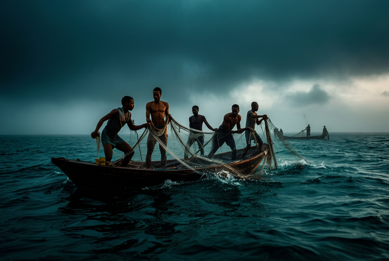 Fishing nets being hauled from teal ocean water at dawn.