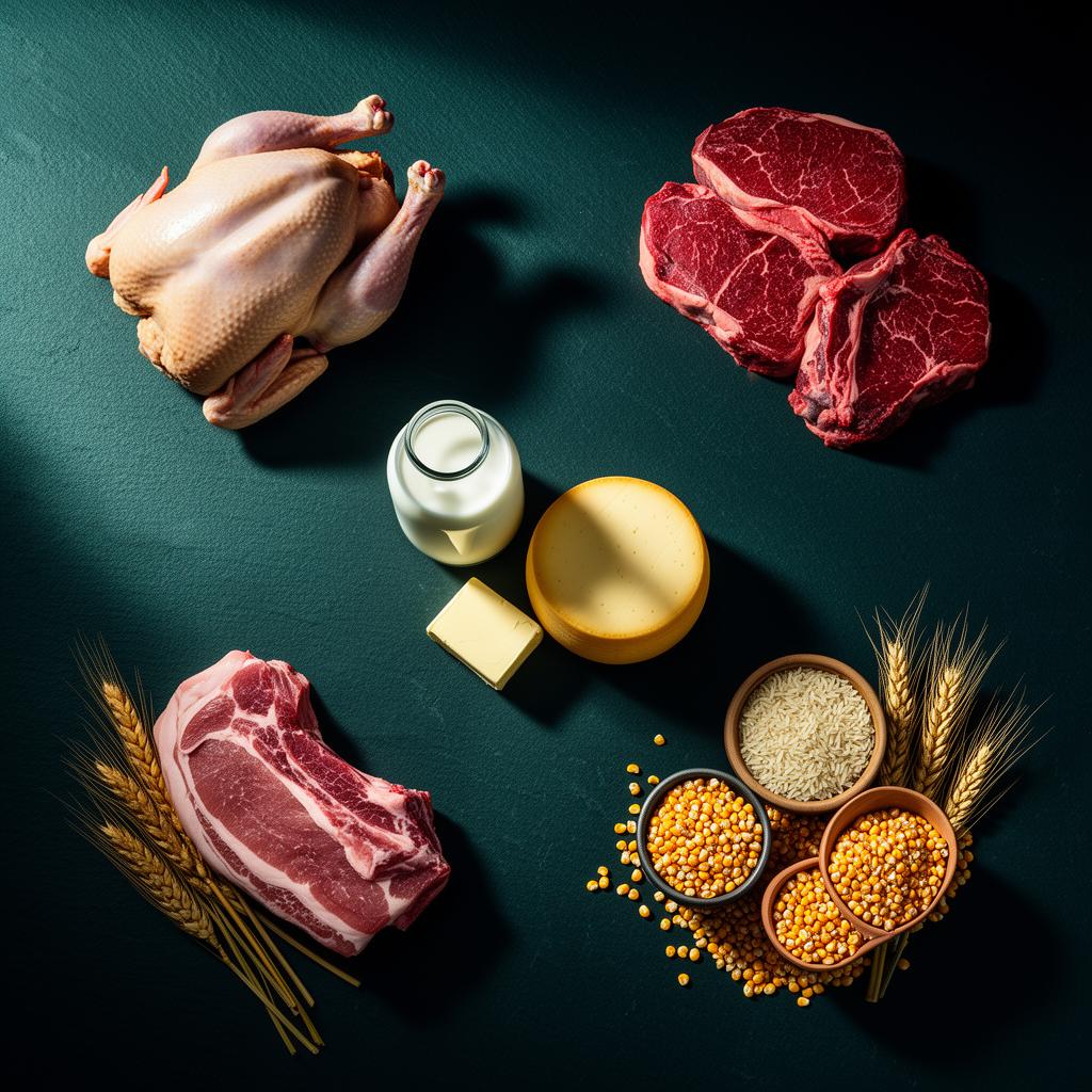 Overhead still life of grains, legumes and produce on dark slate.