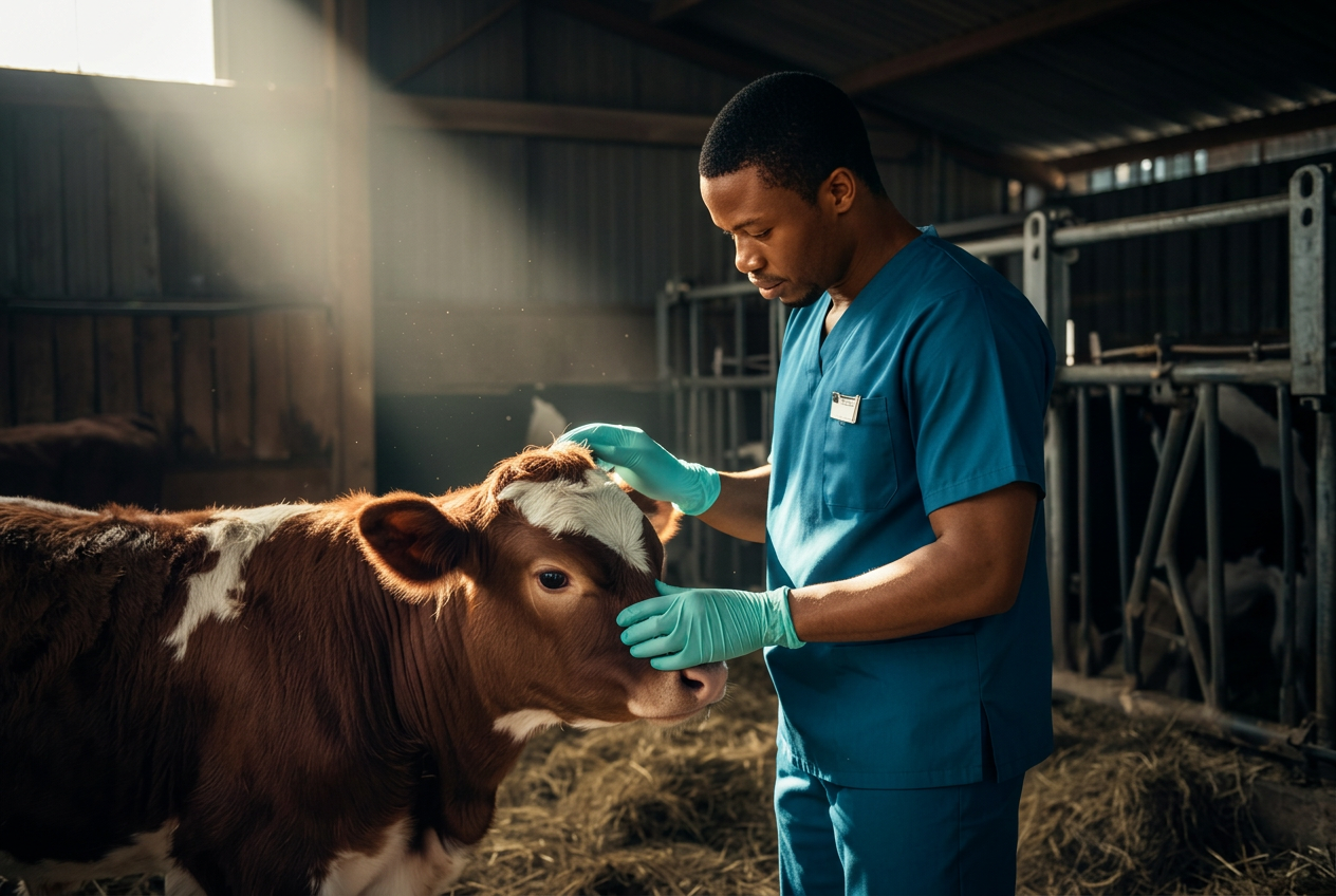 Veterinarian examining a calf in a softly lit barn.